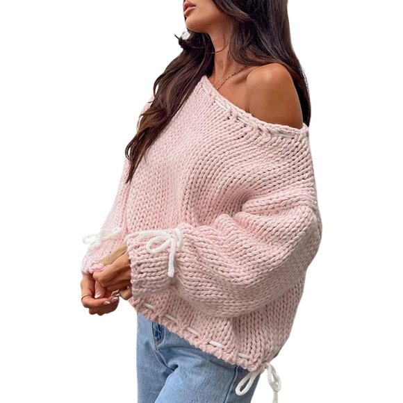 Sweaters - Womens Y2K Pullover Sweater Knit Loose Fit Bow Lace Up Going Out Top